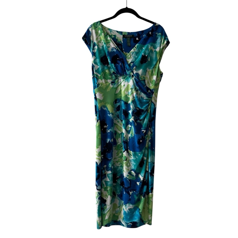 Lauren Ralph Lauren Watercolor Floral Sheath Dress Blue Green Sleeveless Size 10